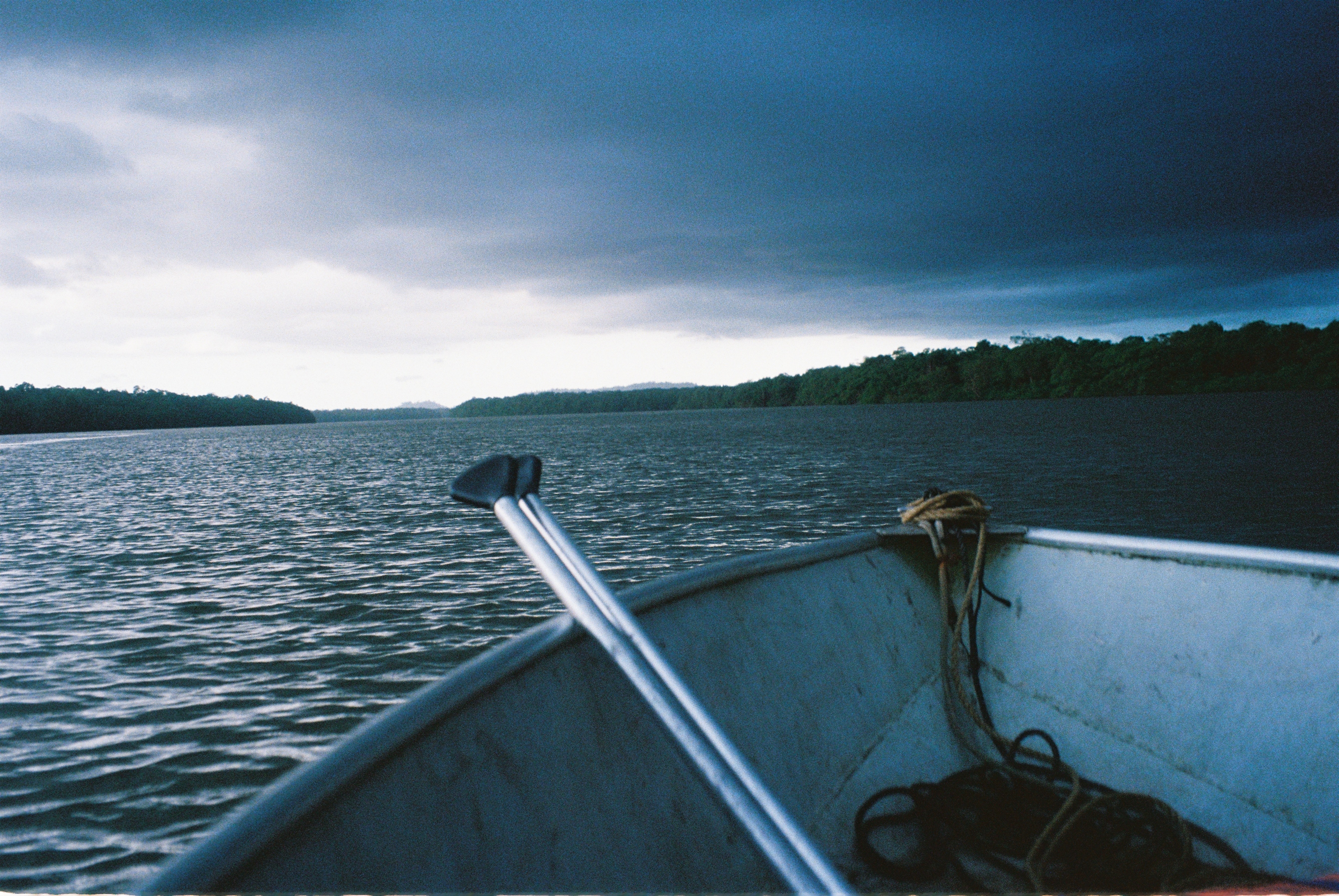 Photo prise depuis une petite embarcation au milieu d'un fleuve. Des rames sont posées dans le bateau. Au loin des arbre. Un ciel nuageux