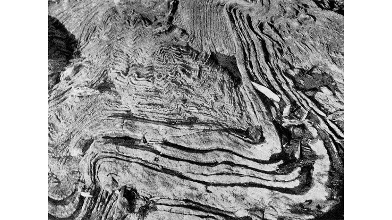 Archeozoic limestone with inclusions of gneiss, altered and contorted by pressure and heat during subsequent crustal movements. Geol. Surv. Canada